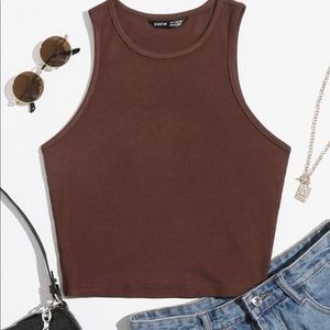 Brown Solid Crop Tank Top
